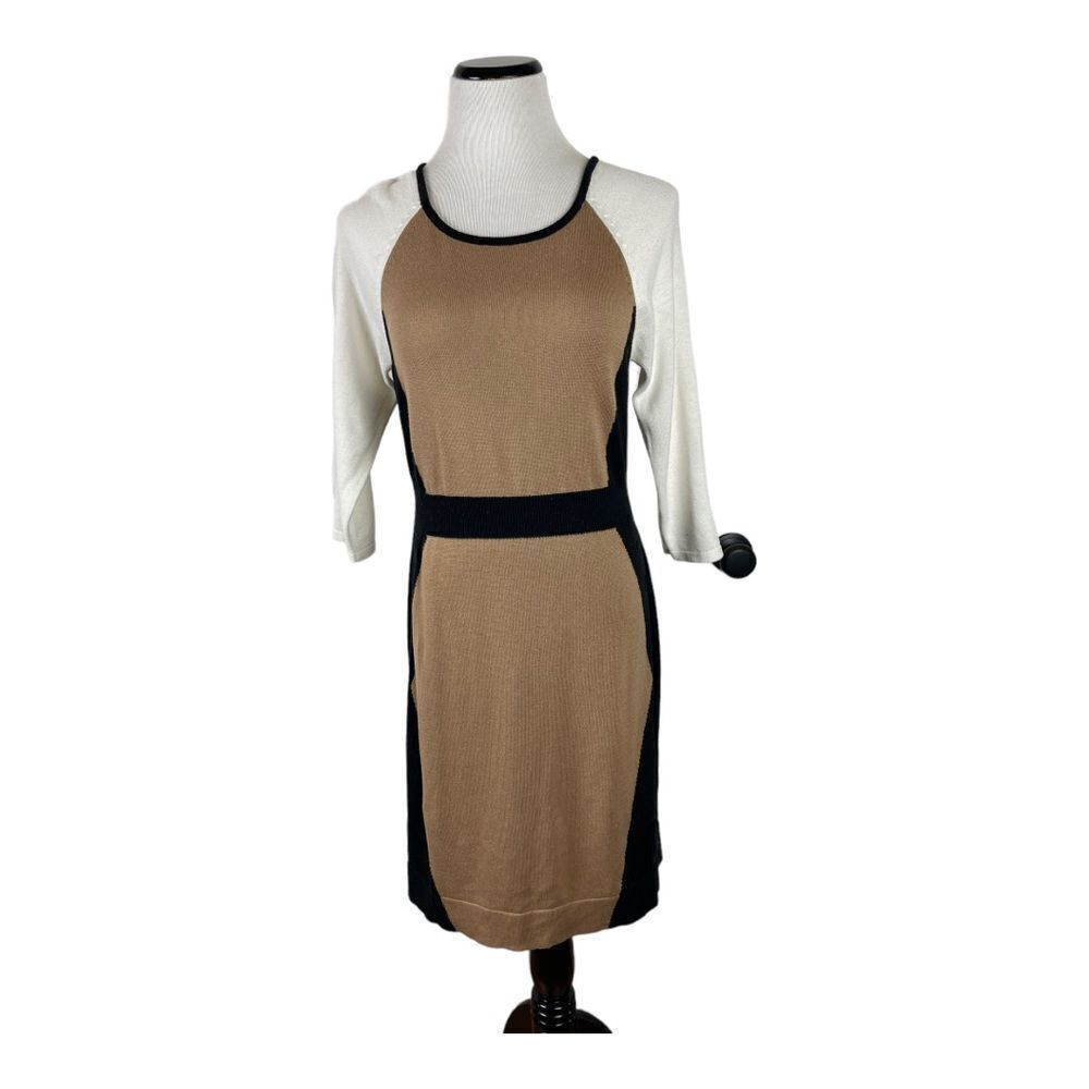 AGB Womens Size M Color Block Sweater Dress 3/4 Sleeves Black Tan White MIDI